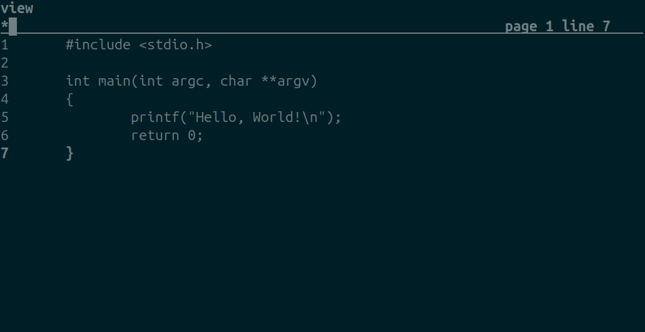 screenhot of the terminal showing a helloword program in C being edited with SED
