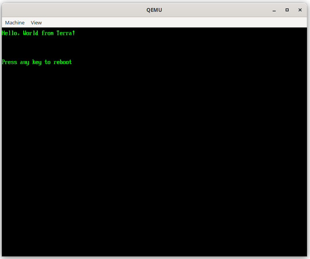 Screenshot of QEmu showing we succeded clearing the screen and setting the text to light green and printed our messages